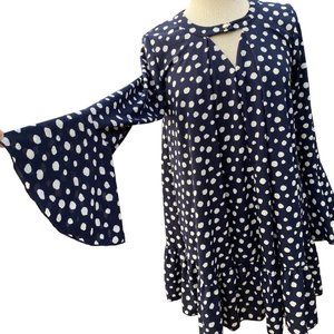 Navy Blue Polka Dots Mini Dress Tunic Top Women Size M  Bell Long Sleeve Cut Out